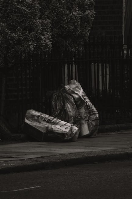 A person dressed in a checkered yellow and grey shirt, with a green long-sleeved top underneath, is outdoors on a grassy area, holding open a large black rubbish bag lined with a shiny plastic interio